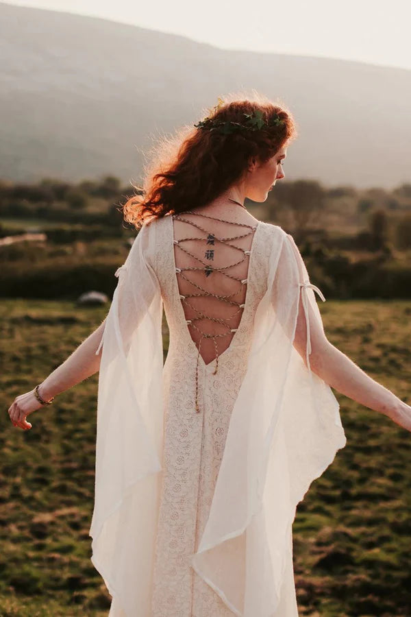 A Line Lace Long Sleeves Boho Wedding Dress Fairytale Bridal Dress